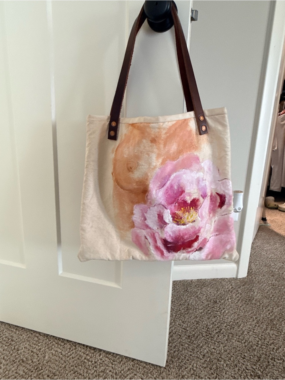 Hand-Painted Pink Floral Canvas Tote Bag with Brown Leather Straps